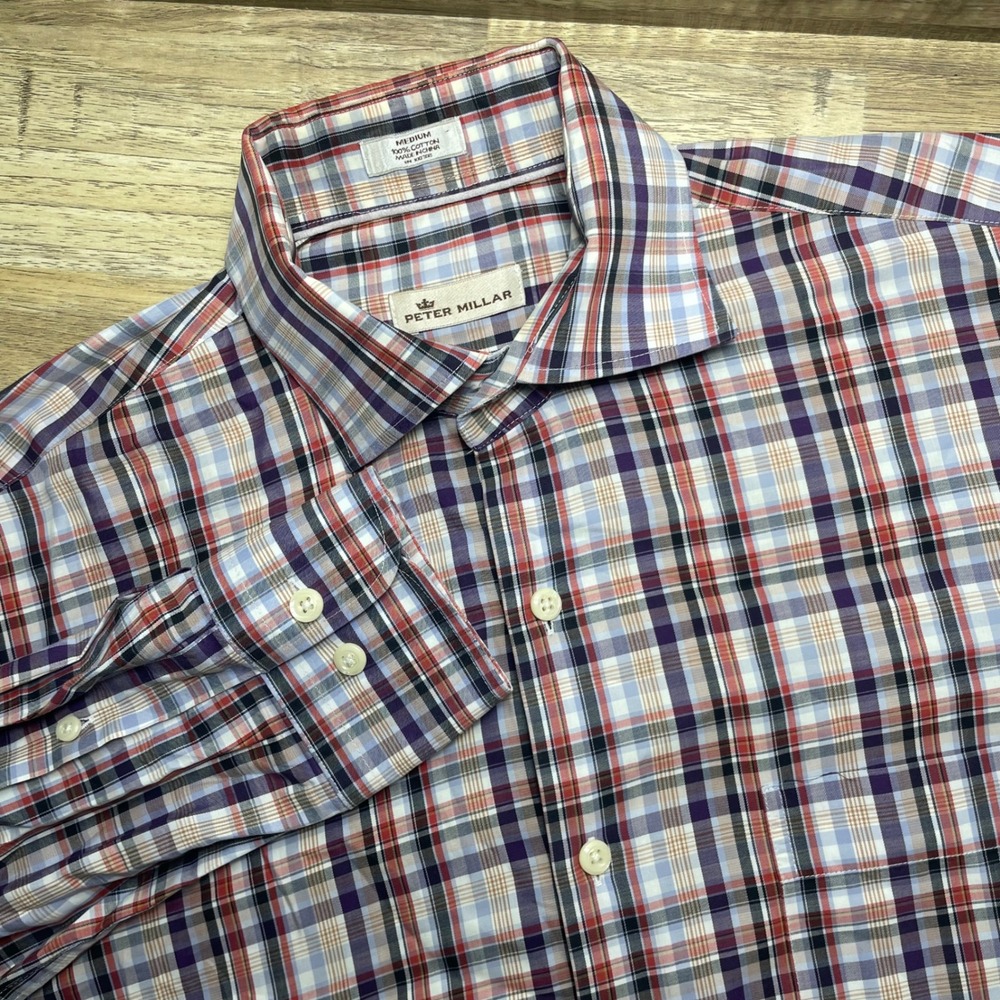 Peter Millar Mens Medium Purple Red Plaid Cotton Long Sleeve Button Down Shirt